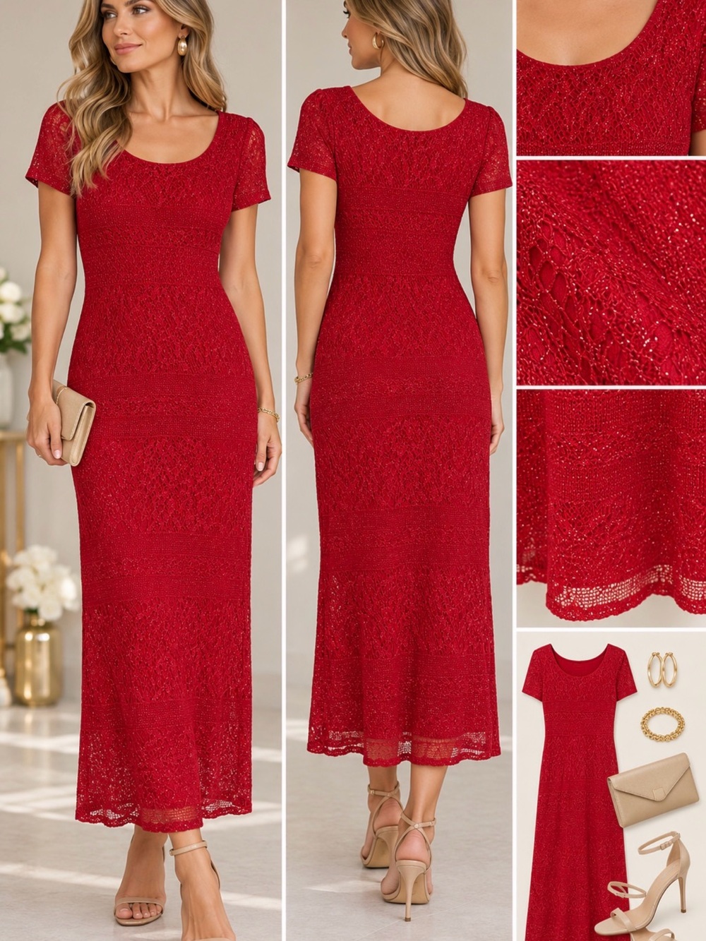 Jessica Howard Red Lace Scoop-Neck Maxi Dress size 10
